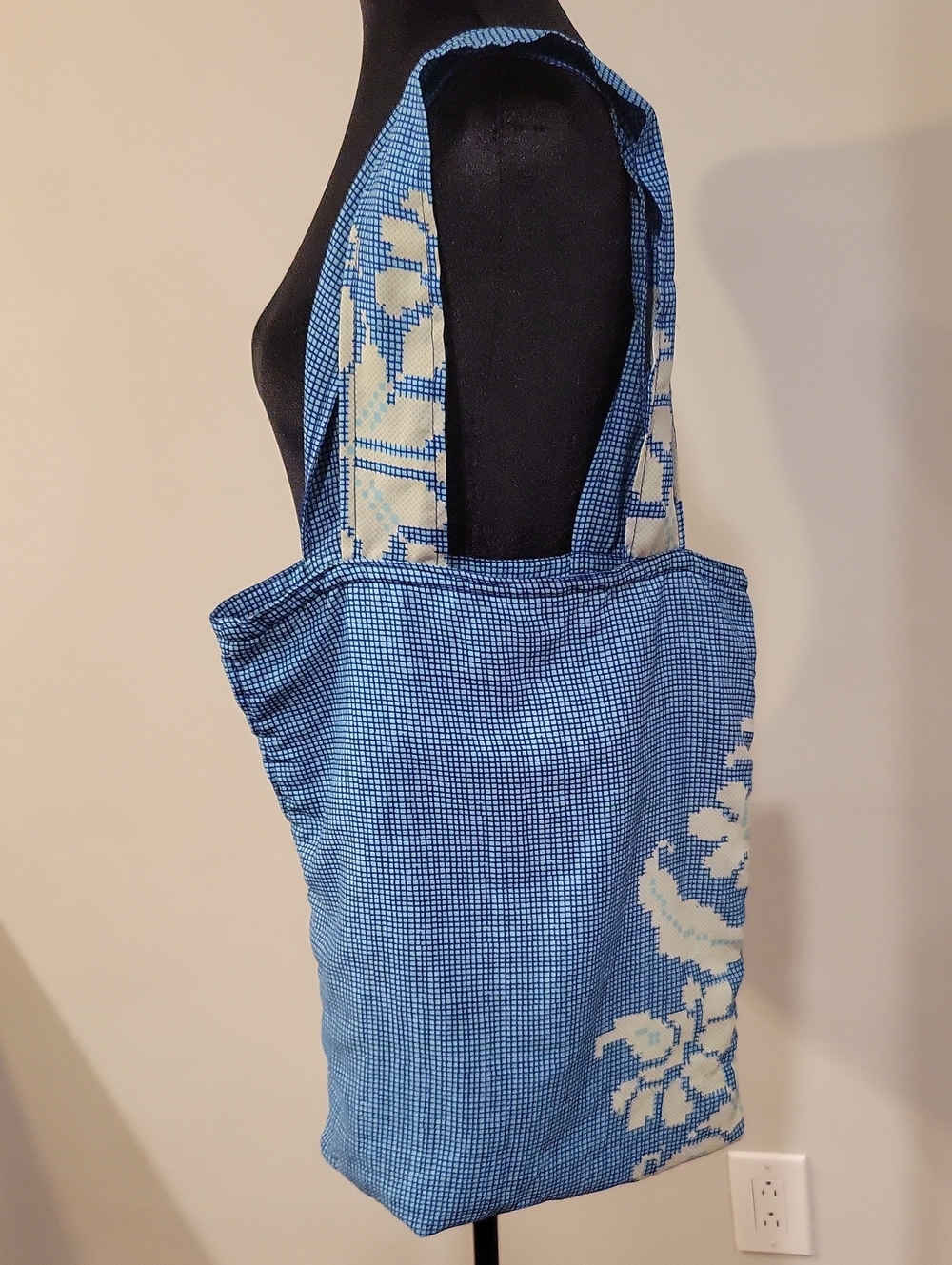 Handmade Retrofuturism Blue Graph Floral print  Stowaway Tote